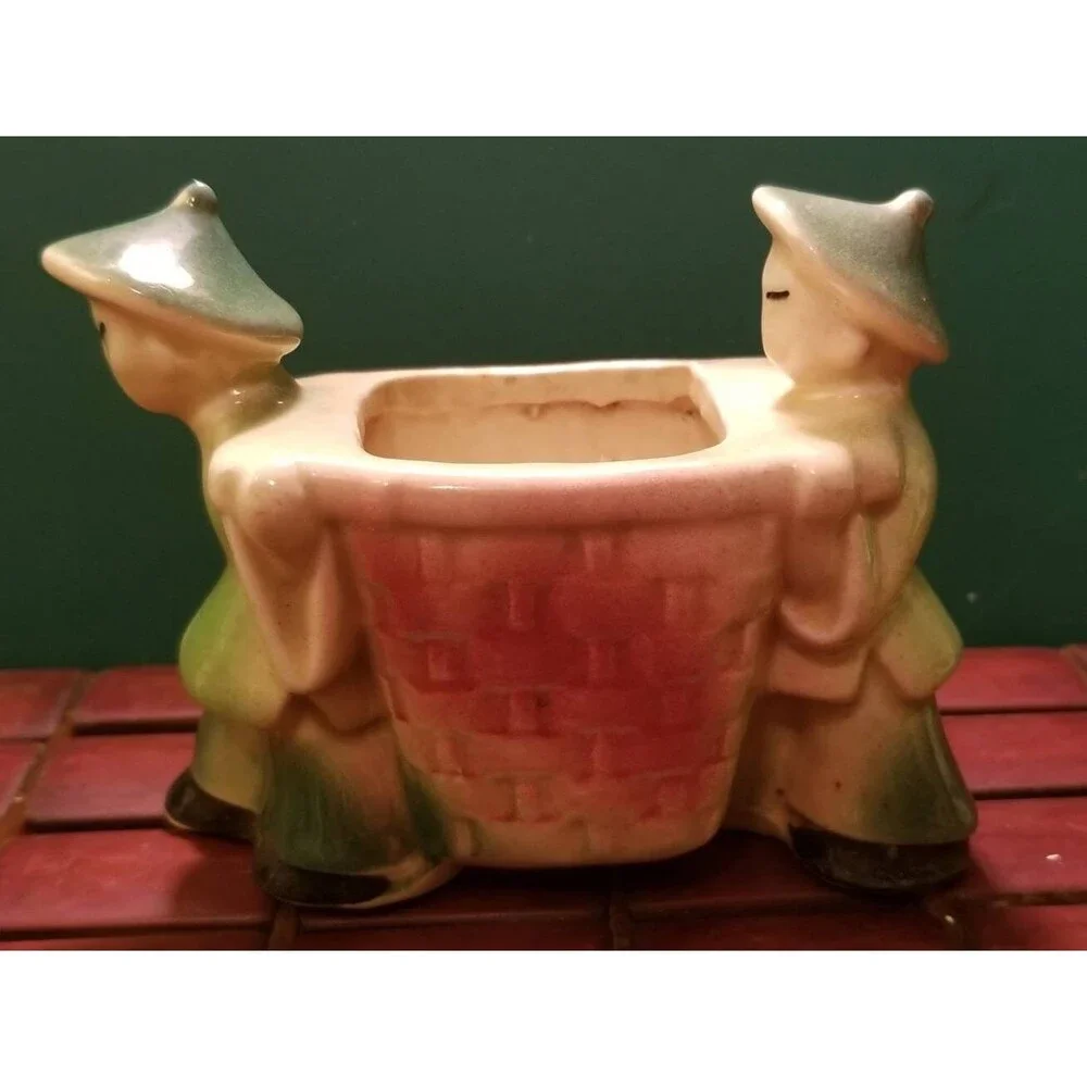 Vintage Ceramic Vase Planter Asian Men In Traditional Costumes